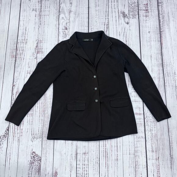 Lauren Ralph Lauren Black Sweater Knit Blazer XL Crest Buttons Preppy - Picture 1 of 7